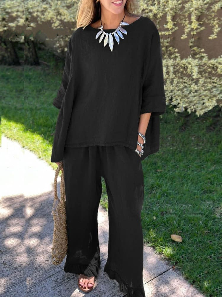 Women's Cotton Linen Two Piece Set Loose Oversized Top & Wide Leg Pants Casual Lounge Outfit - Seldom Seen Styles