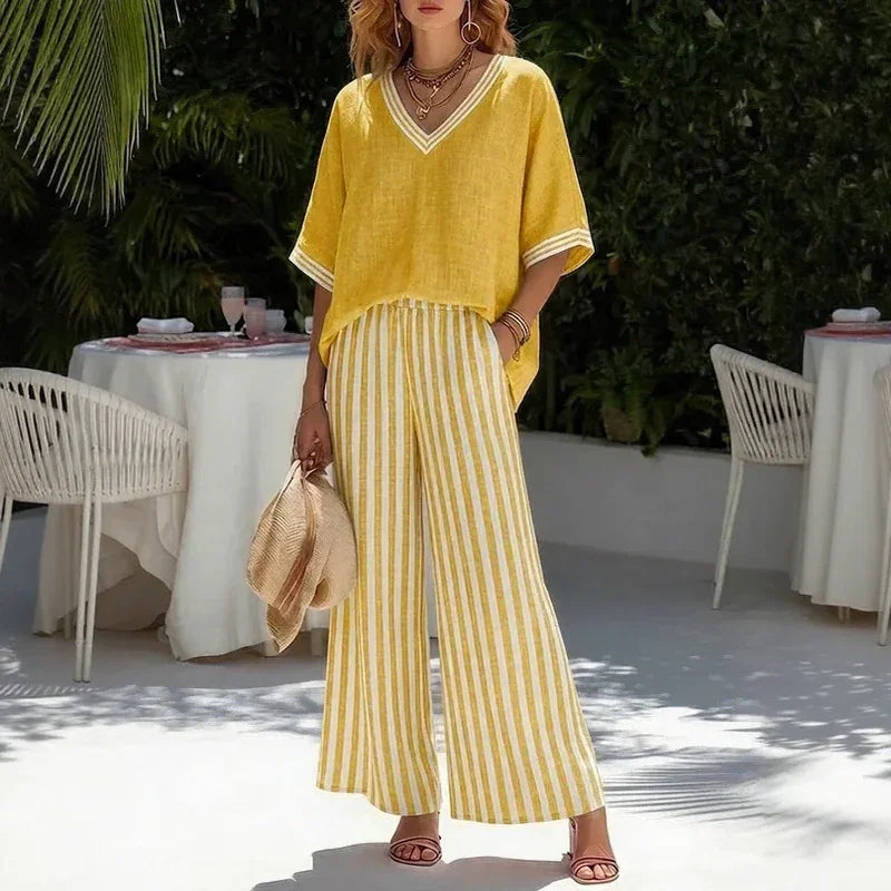 Women's Cotton Linen Two Piece Set Solid Top Striped Wide Leg Pants Contrast Casual Summer Beach Vacation Resort Outfit - Seldom Seen Styles