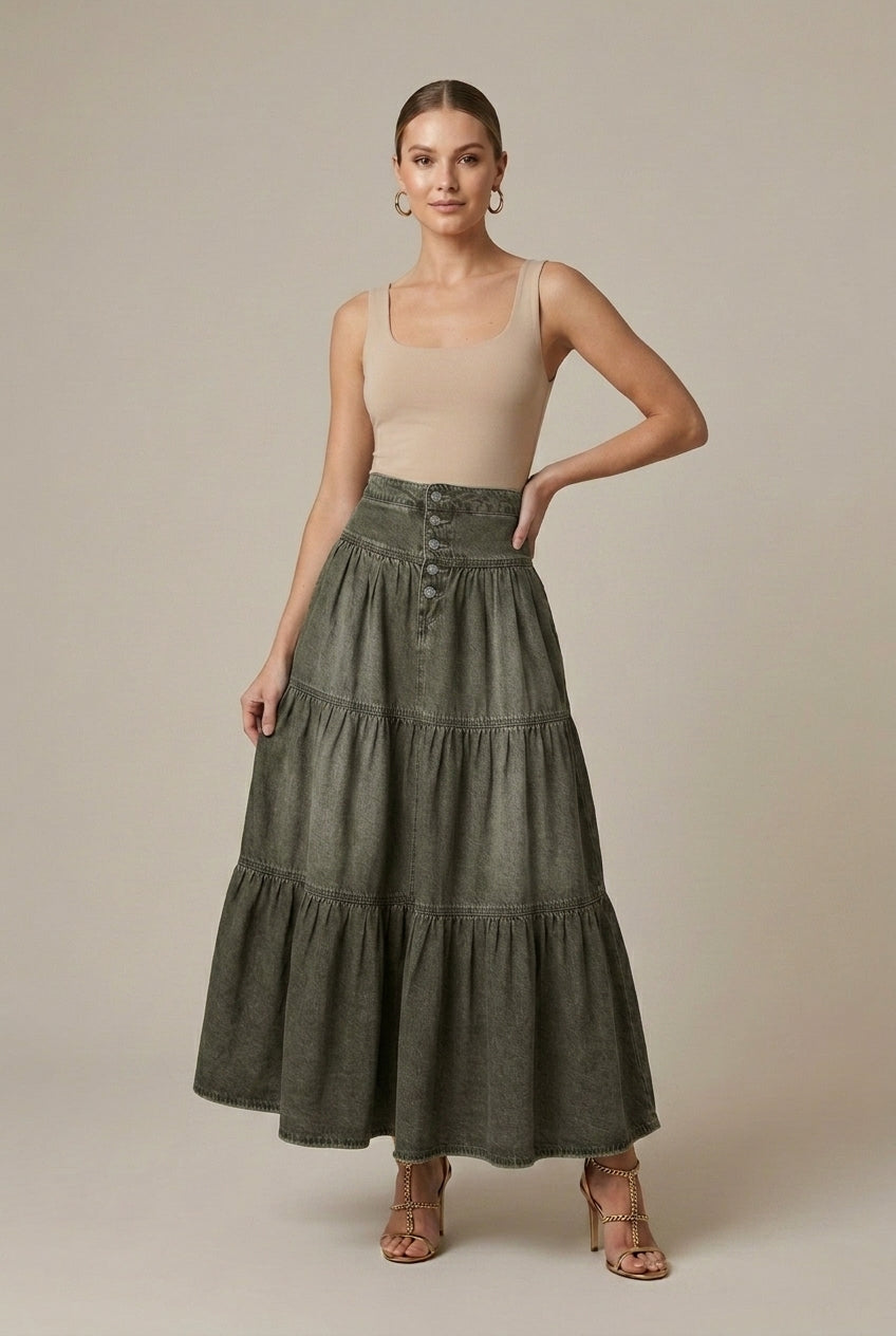Women's Denim Maxi Skirt Tiered Button-Front - Seldom Seen Styles