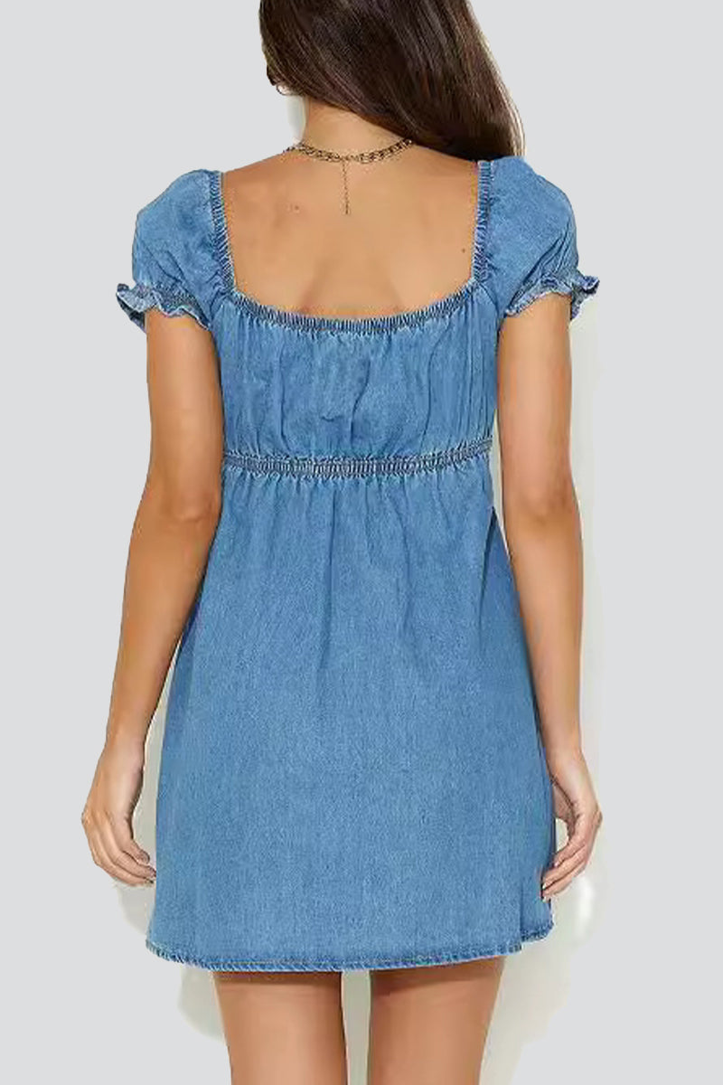 Women's Denim Mini Dress Puff Sleeve Tie Front V Neck Casual Summer A Line Jean Dress - Seldom Seen Styles