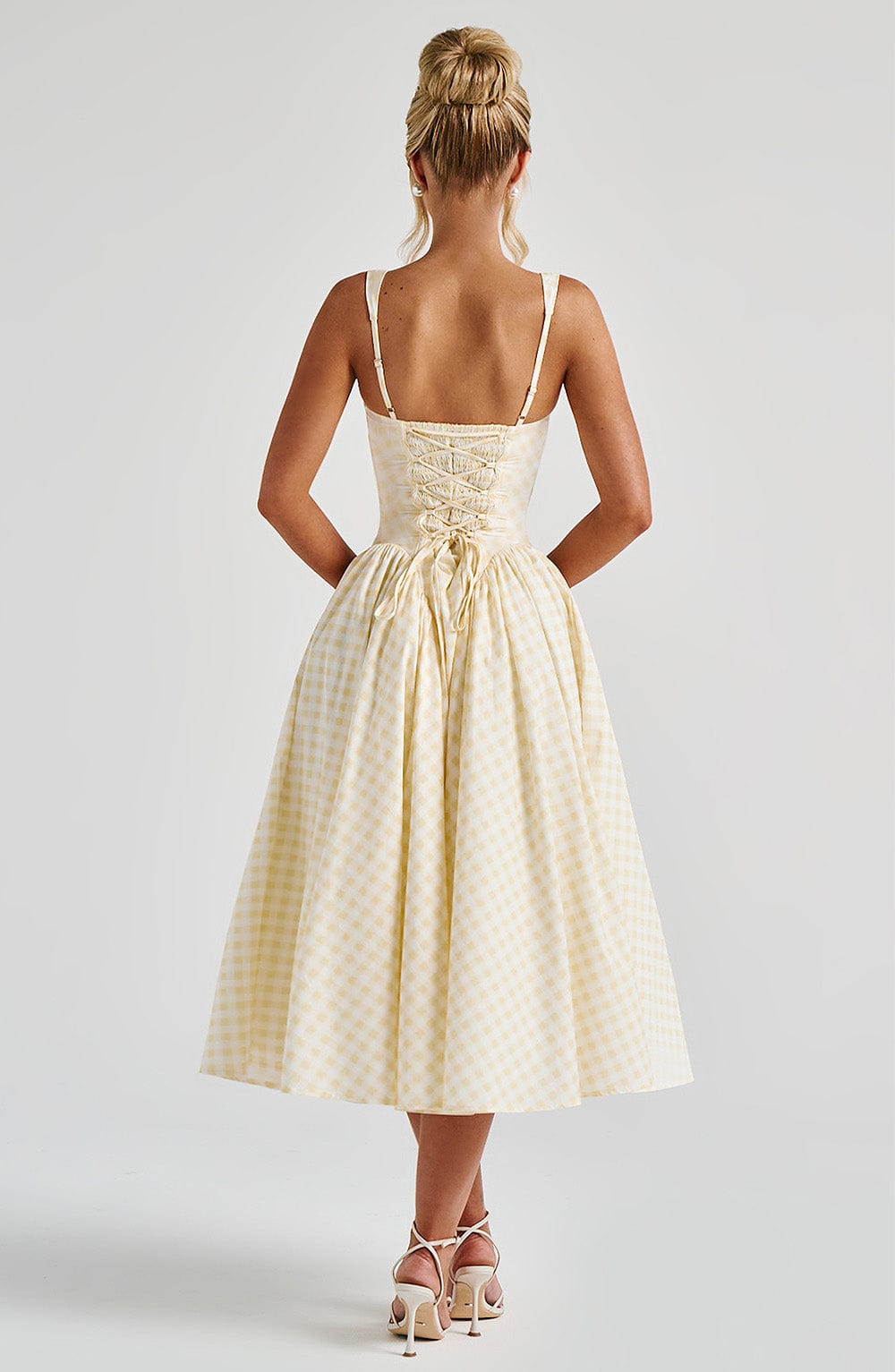 Women's Dress Gingham Fabric Fitted Bodice Adjustable Straps Midi Skirt - Seldom Seen Styles