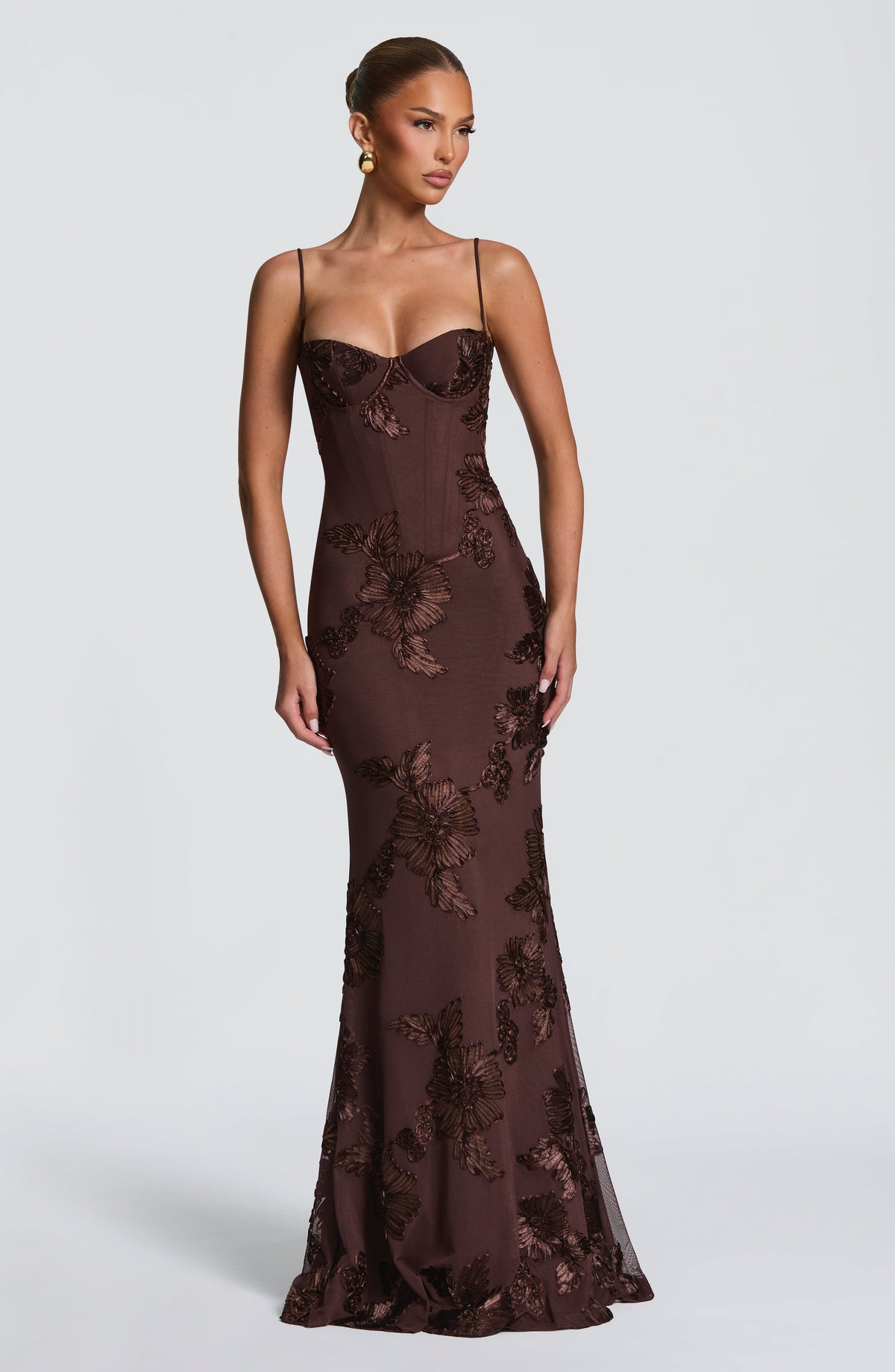 Women's Floral Applique Corset Maxi Dress Underwired Lace Up Back Fit Flare Skirt Formal Prom Wedding Guest Evening Dress Plum Brown - Seldom Seen Styles