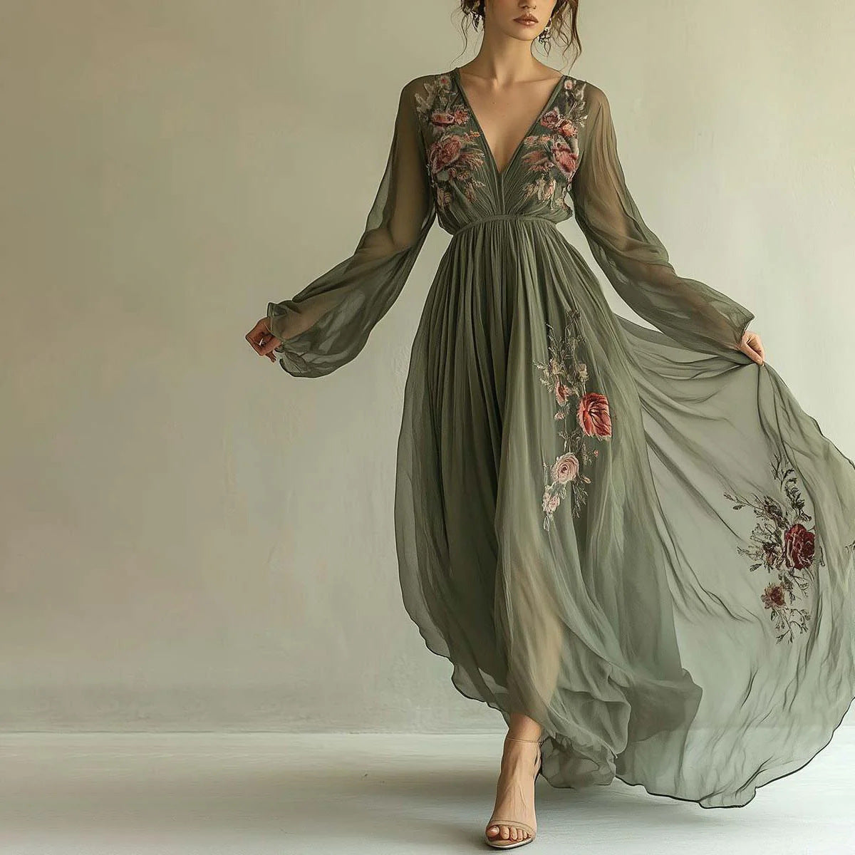 Women's Floral Embroidered Maxi Dress Deep V Neck Long Sleeve Boho Evening Dress Elegant A Line Formal Gown - Seldom Seen Styles
