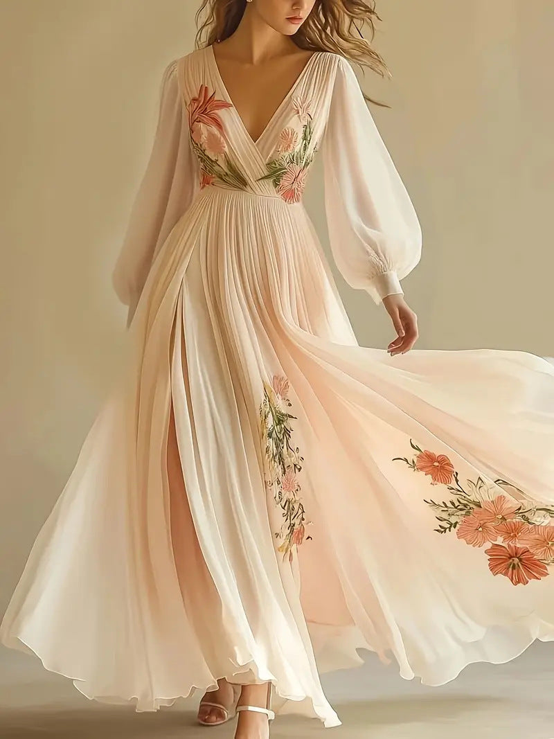 Women's Floral Embroidered Maxi Dress V Neck Chiffon Evening Gown Elegant Wedding Guest Formal Party Dress - Seldom Seen Styles