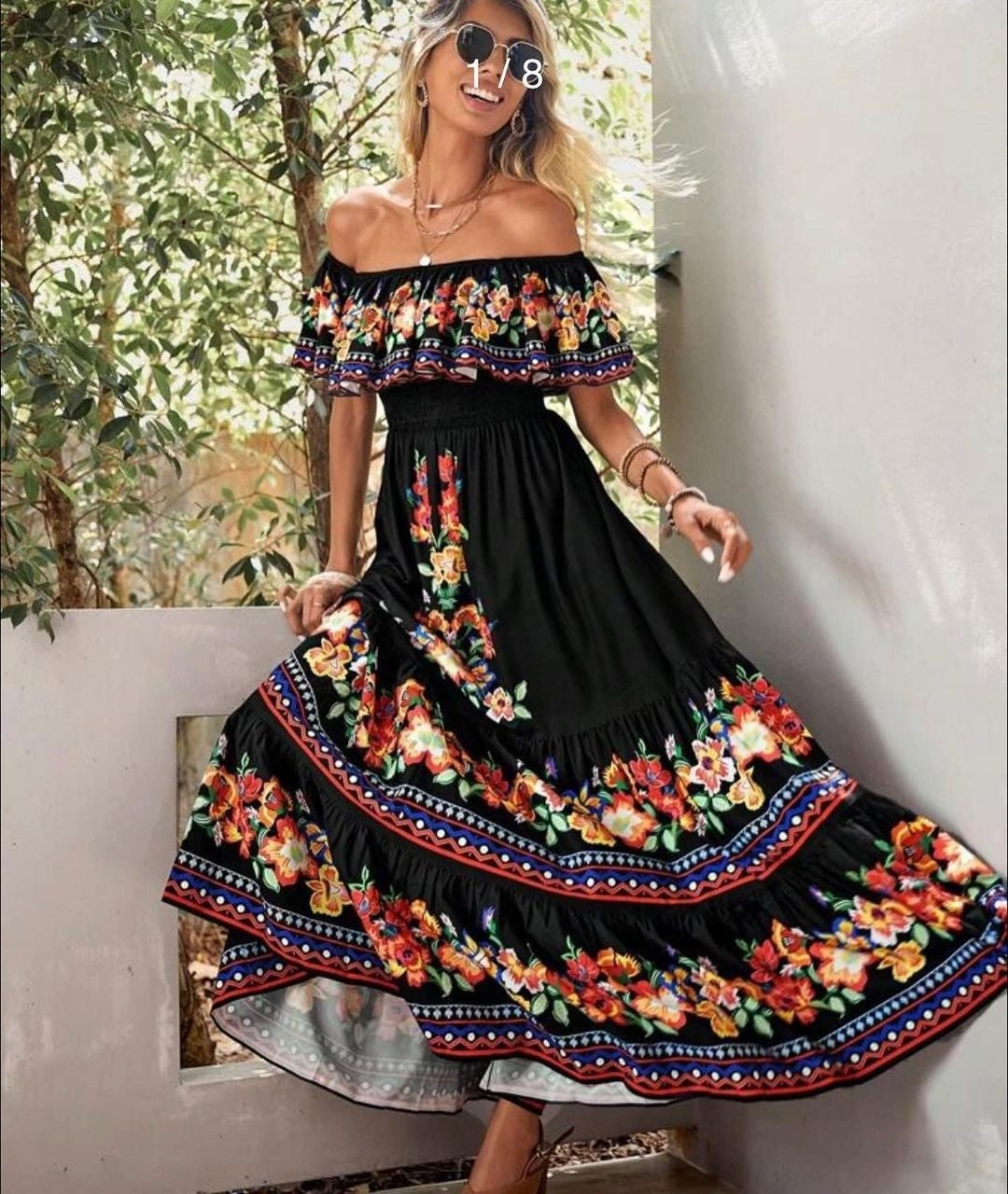Women's Floral Off Shoulder Maxi Dress Boho Print Summer Vacation Long Dress - Seldom Seen Styles