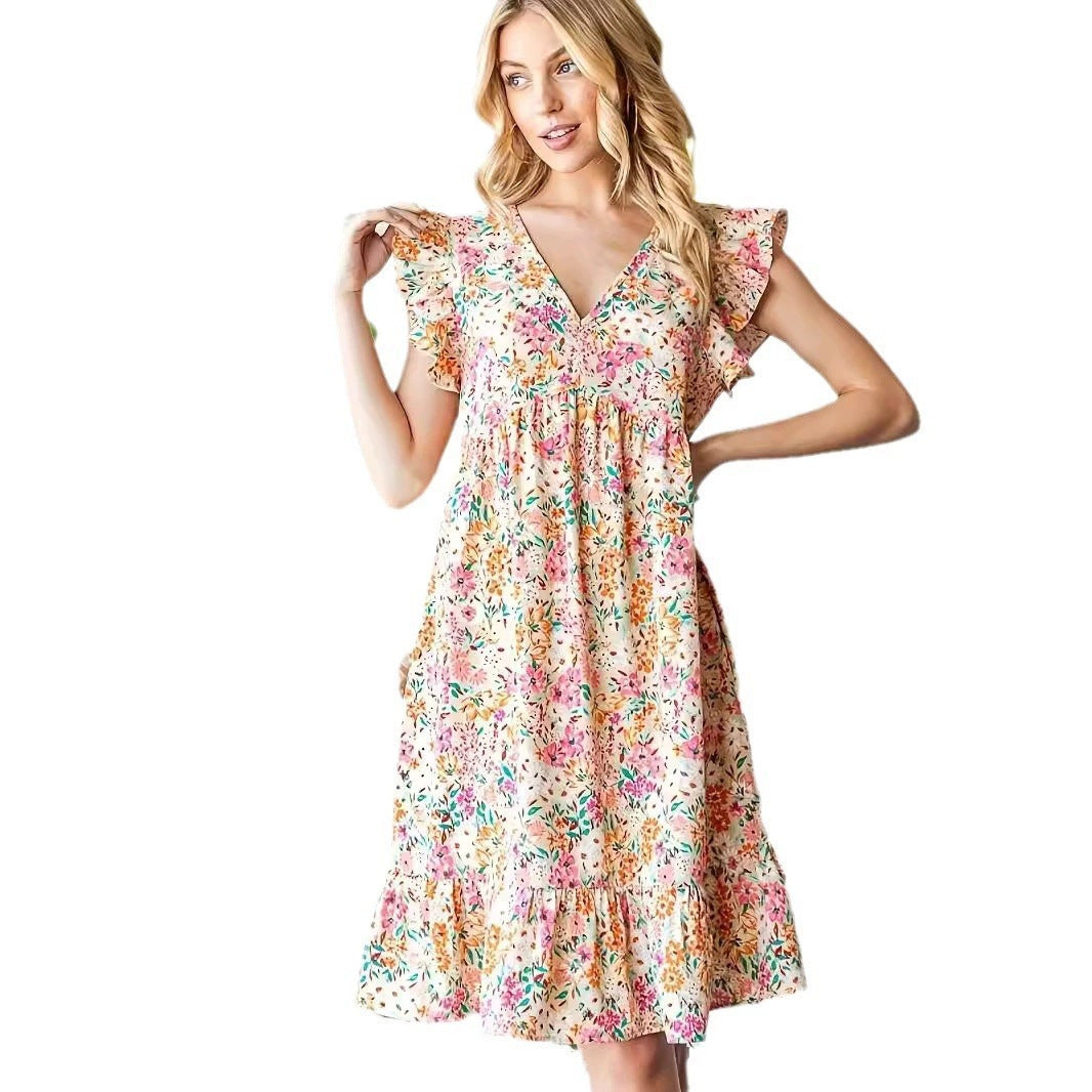 Women's Floral Print Babydoll Dress V Neck Ruffle Sleeve Boho Mini Dress Casual Summer Sundress - Seldom Seen Styles