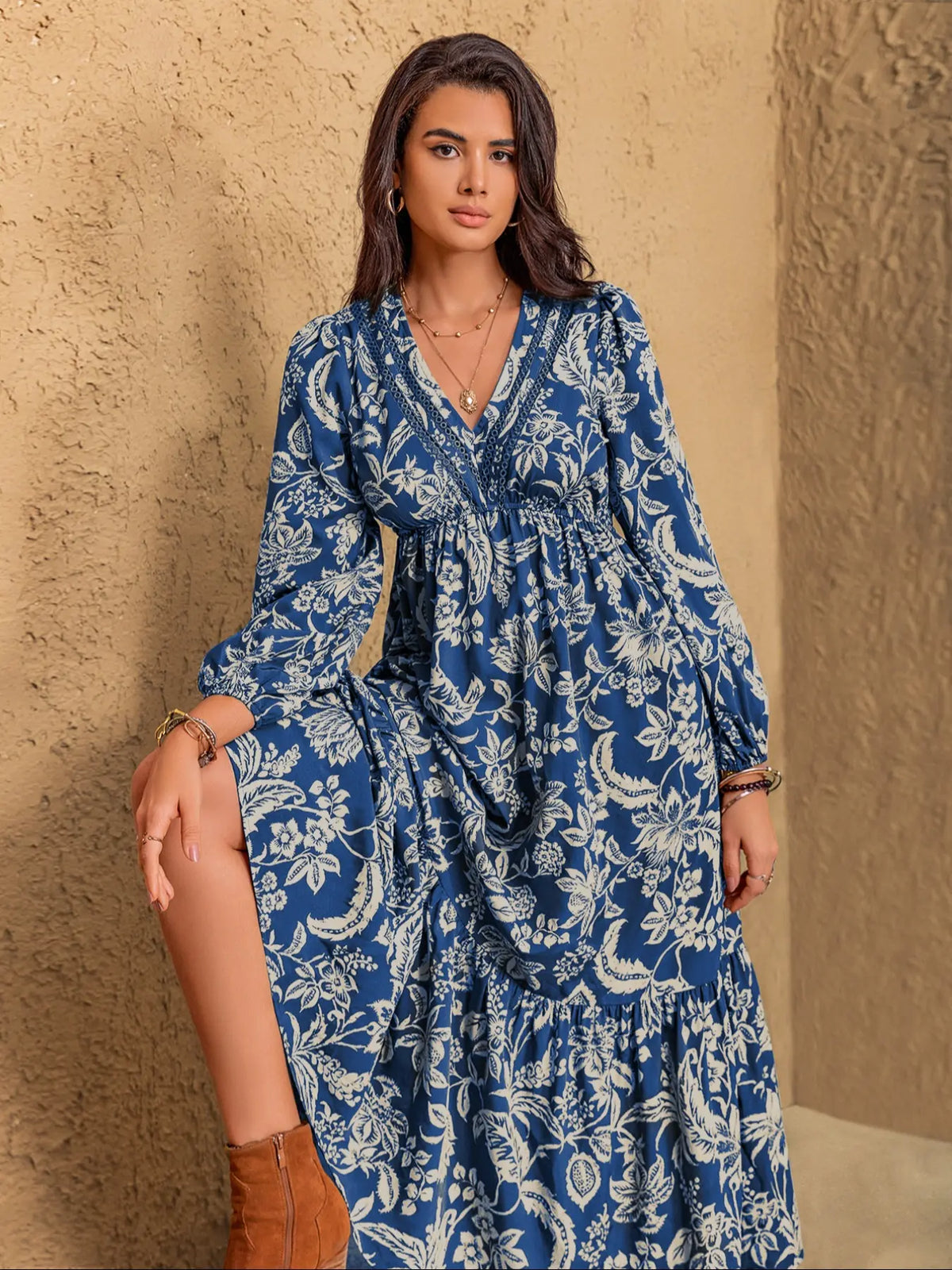 Women's Floral Print Contrast Lace Long Sleeve Ruffle Hem Dress, Chic Elegant Bishop Sleeve V Neck A Line Dress for Vacation Holiday, Women's Clothes Womenswear for Fall & Winter - Seldom Seen Styles