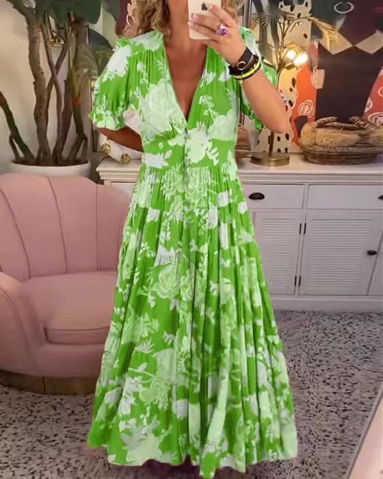 Women's Floral Print Maxi Dress V Neck Short Sleeve Boho Dress Smocked Waist Beach Vacation Dress - Seldom Seen Styles
