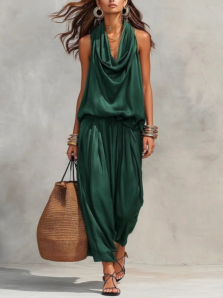Women's Halter Neck Sleeveless Top High Waist Wide Leg Pleated Trousers Set Elegant Casual Summer Vacation Two Piece Outfit - Seldom Seen Styles