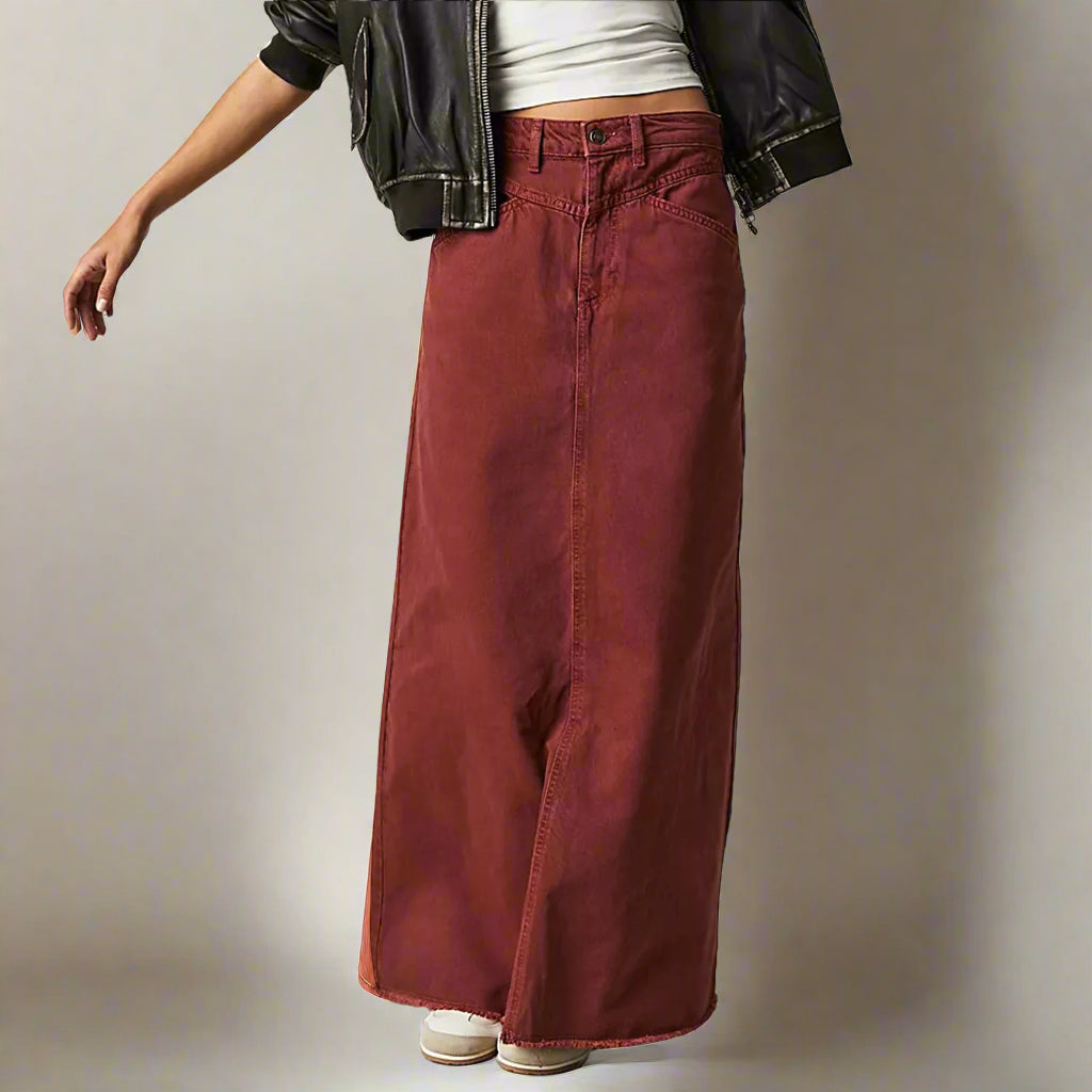 Women's High Waist Straight Denim Maxi Skirt with Raw Hem - Seldom Seen Styles