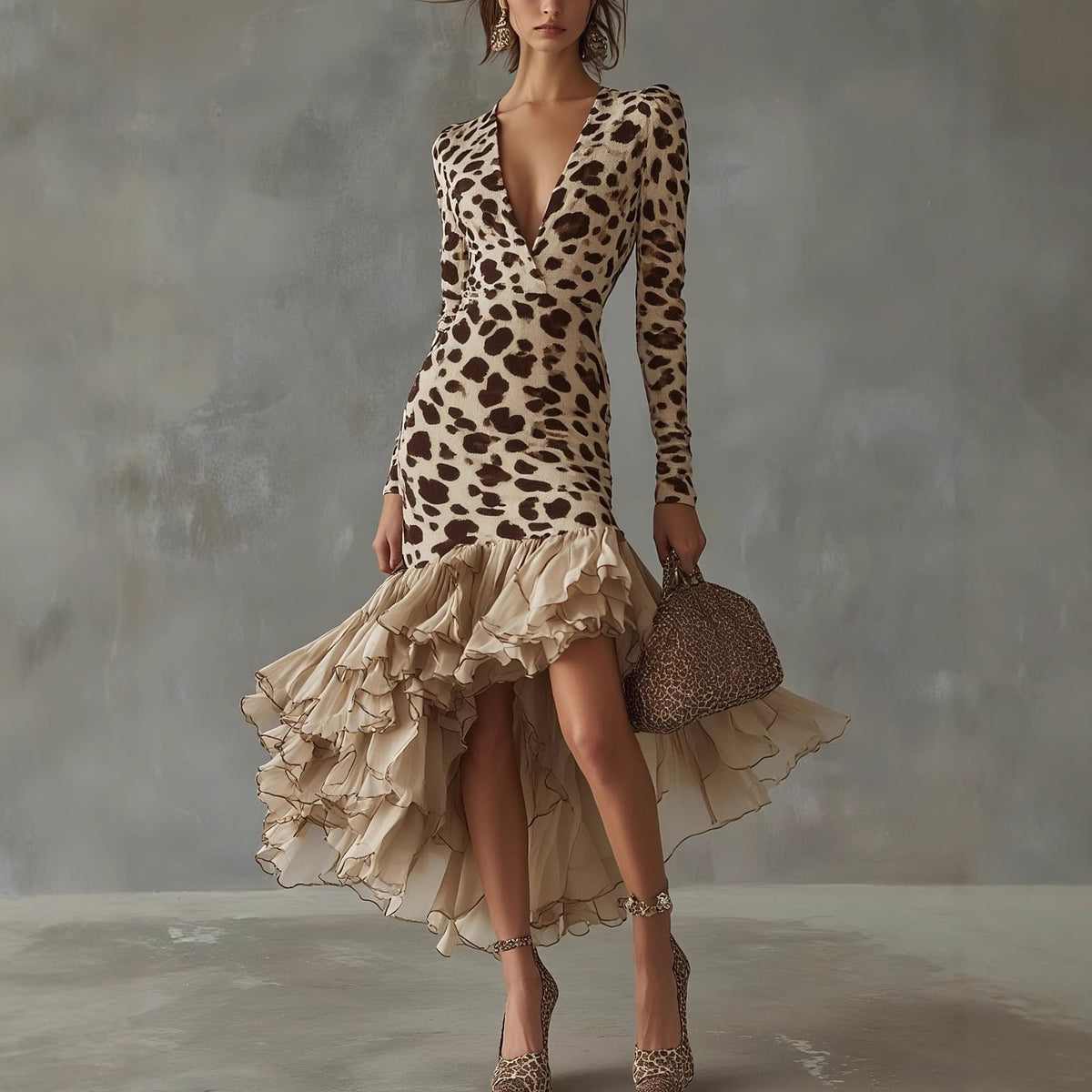 Women's Leopard Print High Low Maxi Dress Deep V Neck Long Sleeve Ruffle Hem Boho Party Dress - Seldom Seen Styles