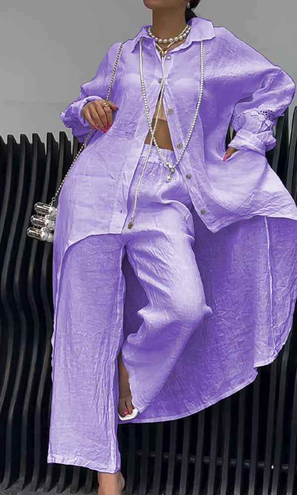 Women's Linen Back Cut-Out Shirt And Trousers Two-Piece Set - Seldom Seen Styles