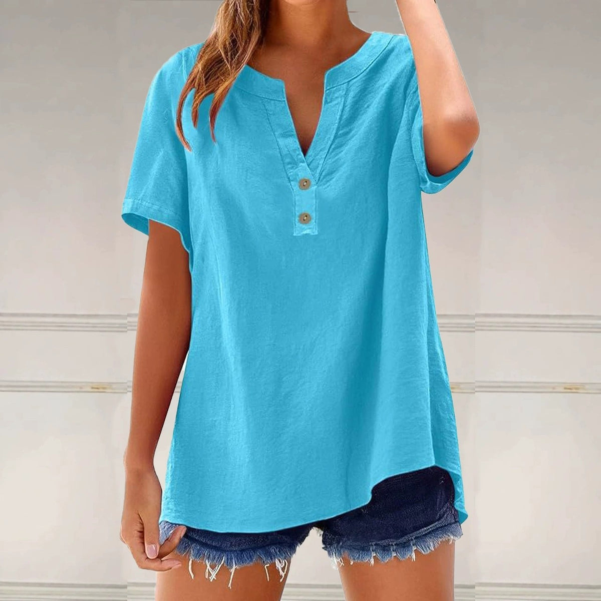 Women's Linen Blend Tunic Top V Neck Short Sleeve Casual Loose Fit Summer Blouse Button Front Shirt - Seldom Seen Styles