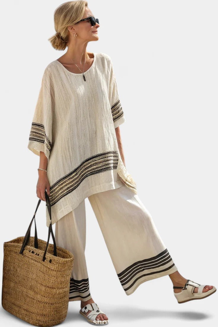 Women's Linen-Blend Two Piece Outfits – Contrast Stripe Batwing Sleeve Top and Wide Leg Pants Set, Summer Casual Boho Co-ord Set - Seldom Seen Styles
