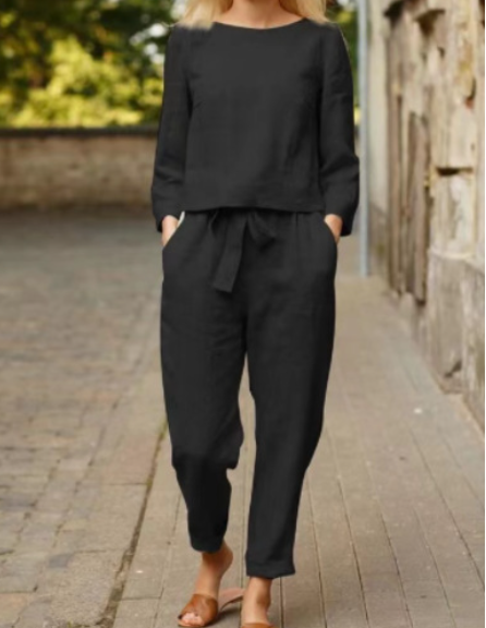 Women's Linen Blend Two Piece Set Long Sleeve Top and Drawstring Pants Relaxed Casual Matching Outfit - Seldom Seen Styles