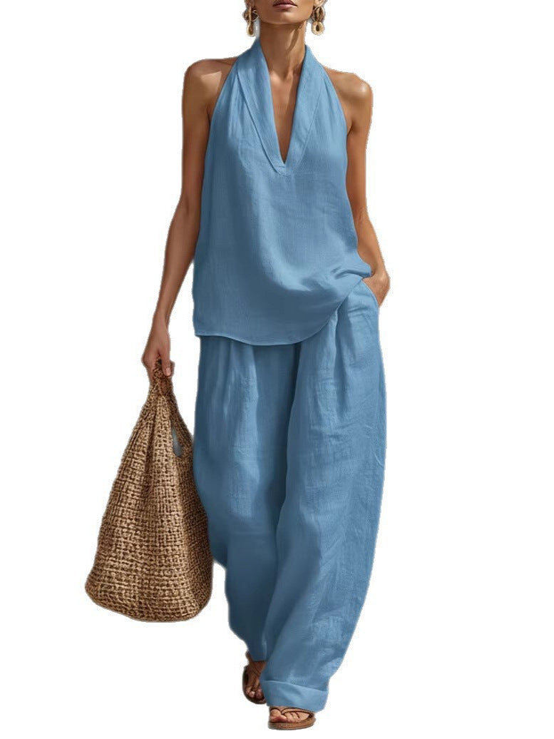 Women's Linen Two Piece Set Halter Neck Top Wide Leg Pants Matching Set Casual Vacation Resort Outfit - Seldom Seen Styles