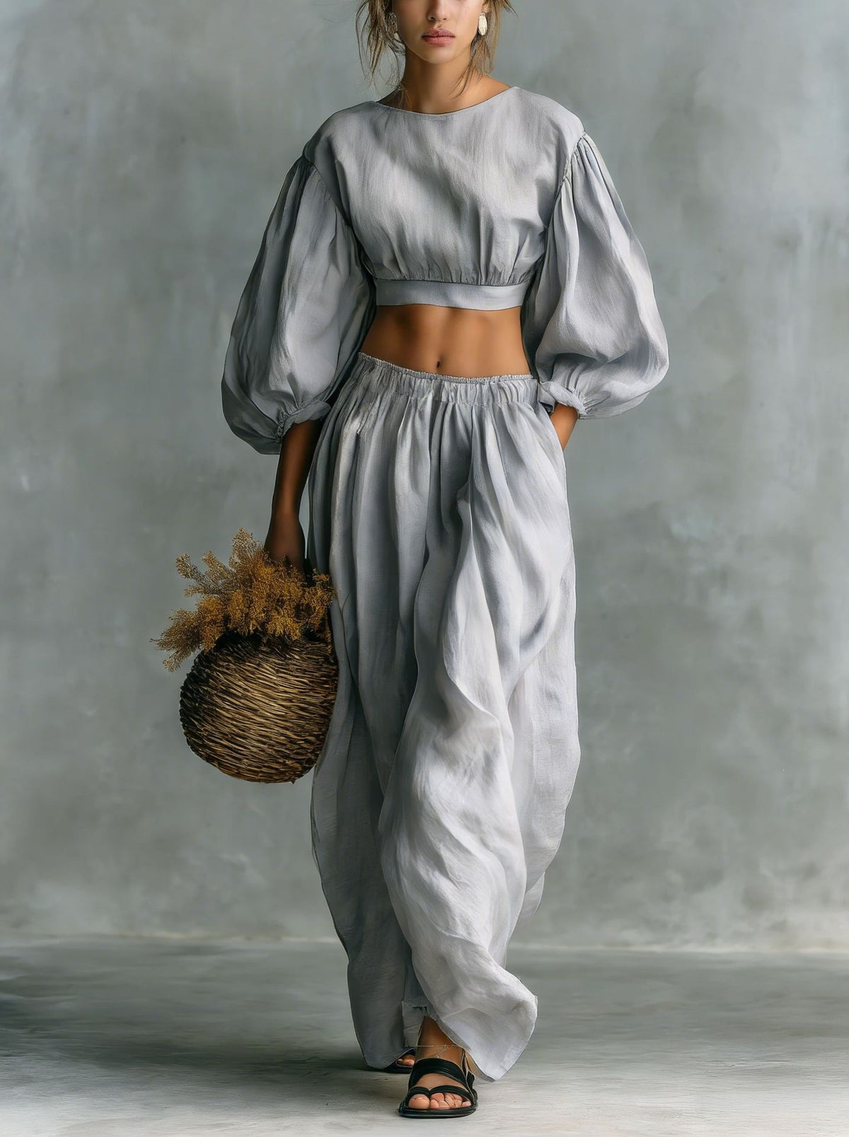 Women's Linen Two Piece Set Puff Sleeve Crop Top Wide Leg Pants Matching Set Casual Vacation Outfit - Seldom Seen Styles