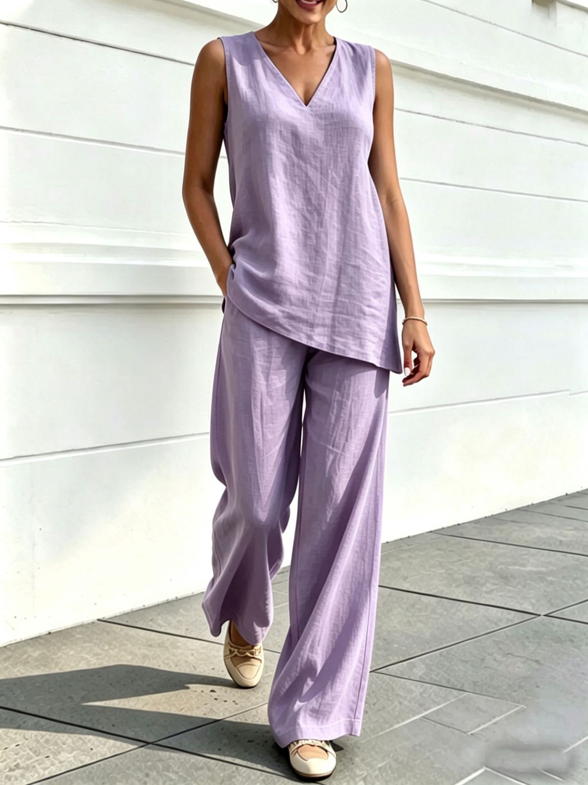Women's Linen Two Piece Set Sleeveless V Neck Tunic Top and Wide Leg Pants Casual Summer Matching Outfit - Seldom Seen Styles