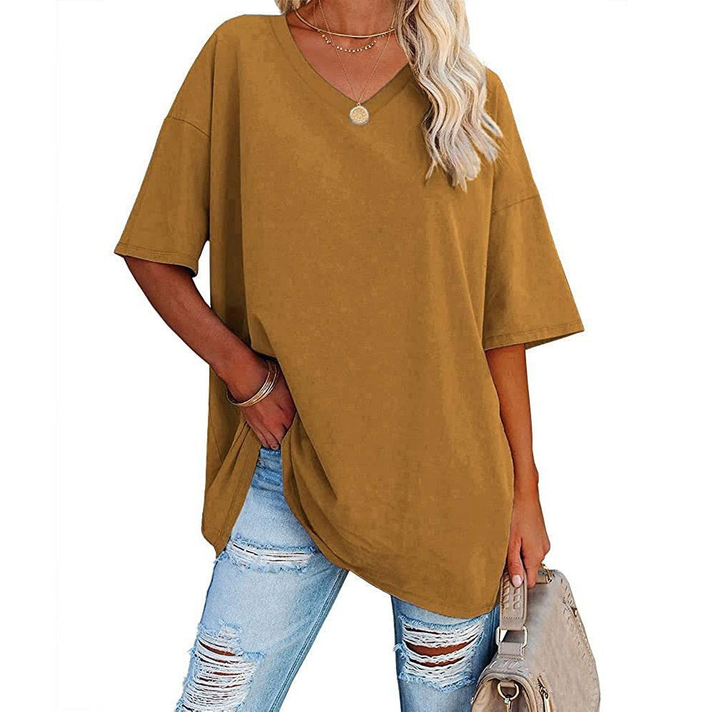 Women's Loose Fit V-Neck T-Shirt Short Sleeve Casual Summer Tops Solid Color Lightweight Breathable Cotton Blend Tee Shirt for Women - Seldom Seen Styles
