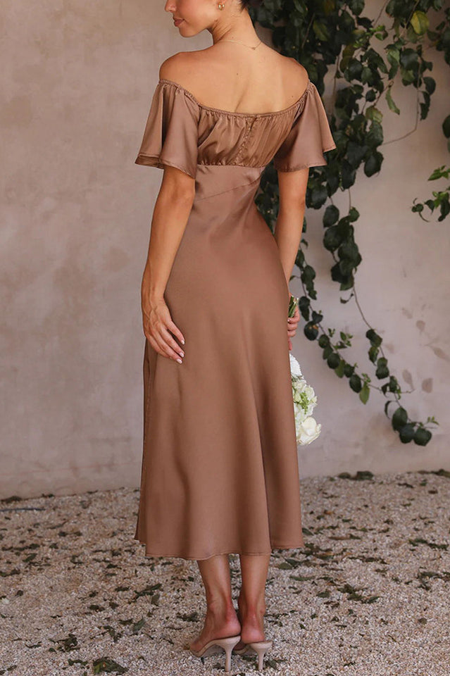 Women's Off Shoulder Midi Dress Butterfly Ruffle Sleeves Pleated Bust Side Slit Floaty Polyester Dress for Wedding Guest Party Brunch - Seldom Seen Styles