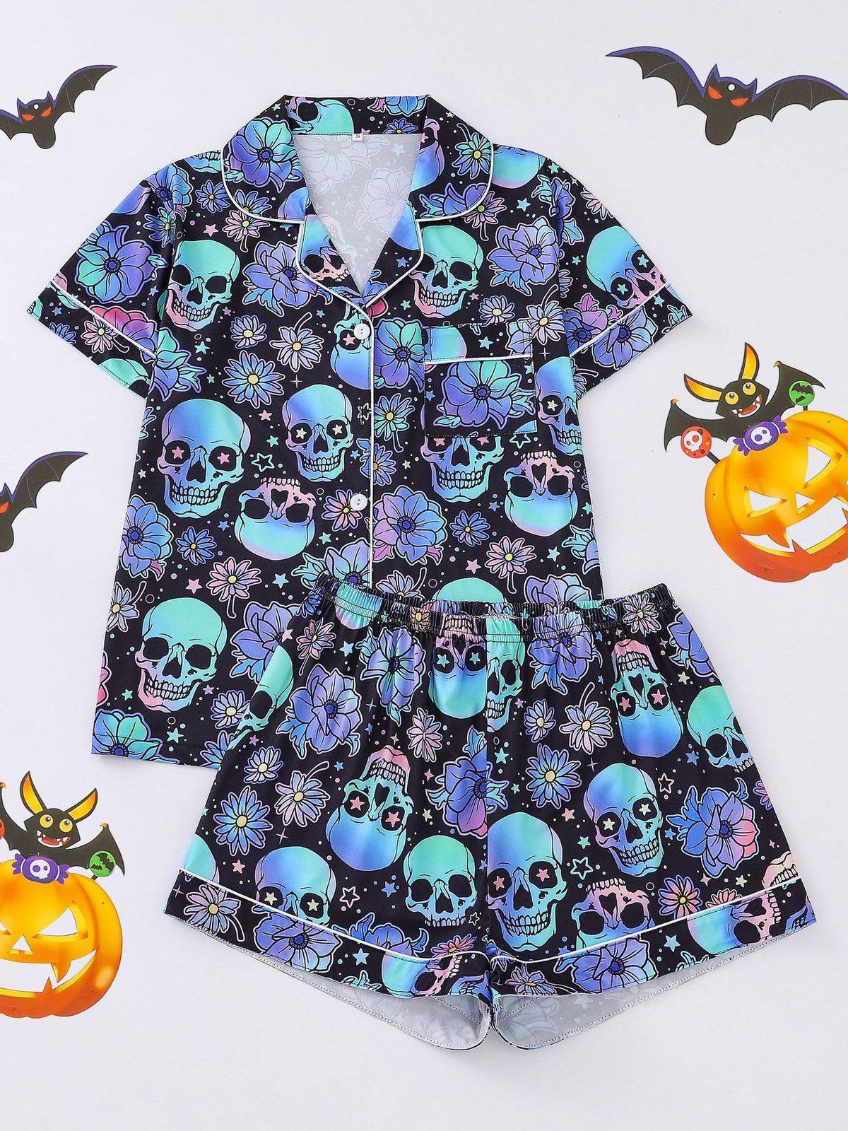 Women's Pocket Lapel Blouse & Elastic Waist Shorts Pyjama Set, Halloween Christmas Button Front Top & Shorts Pj Set, Pyjamas for Women, Feminine Tops, PJ Sets for Women, Loungewear, Nightwear, Pajamas, Womenswear - Seldom Seen Styles