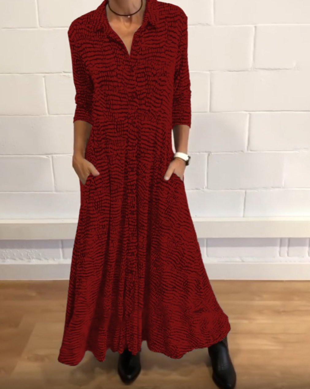 Women's Printed Long Sleeve V-Neck Dress - Seldom Seen Styles