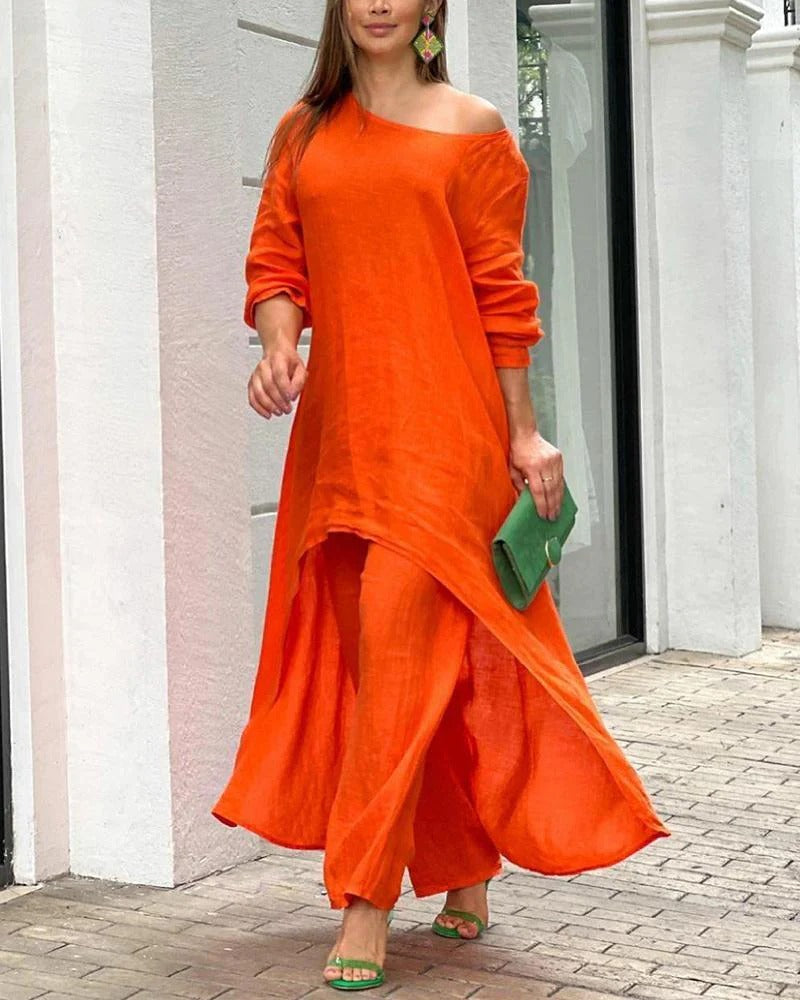Women's Pure Linen Two Piece Set Long Sleeve Tunic Blouse Wide Leg Pants Modest Elegant Casual Summer Beach Vacation Outfit - Seldom Seen Styles