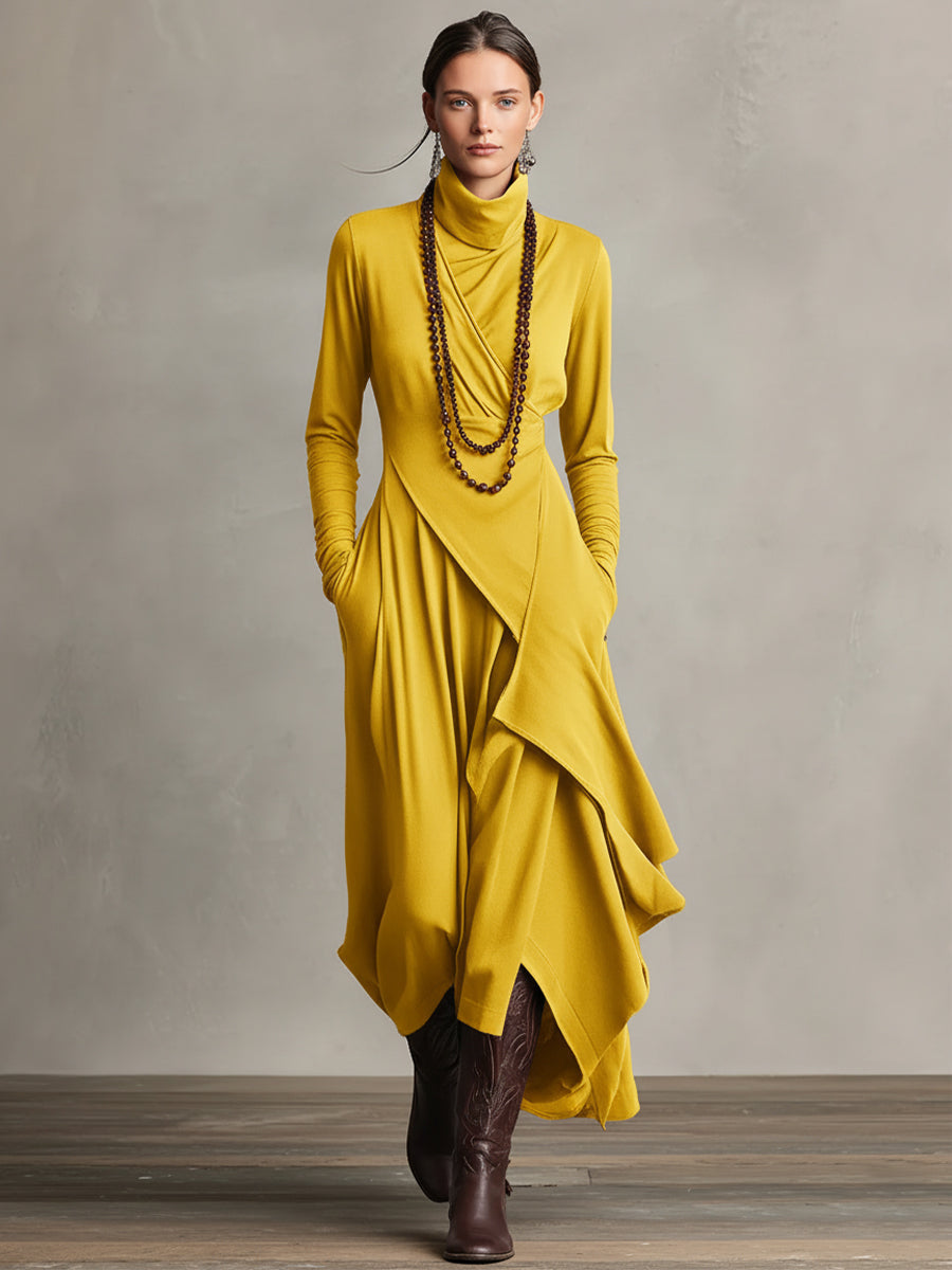 Women's Purple Bohemian Cotton Stretch Turtleneck Asymmetrical Draped Maxi Dress MDA2055J9I - Seldom Seen Styles