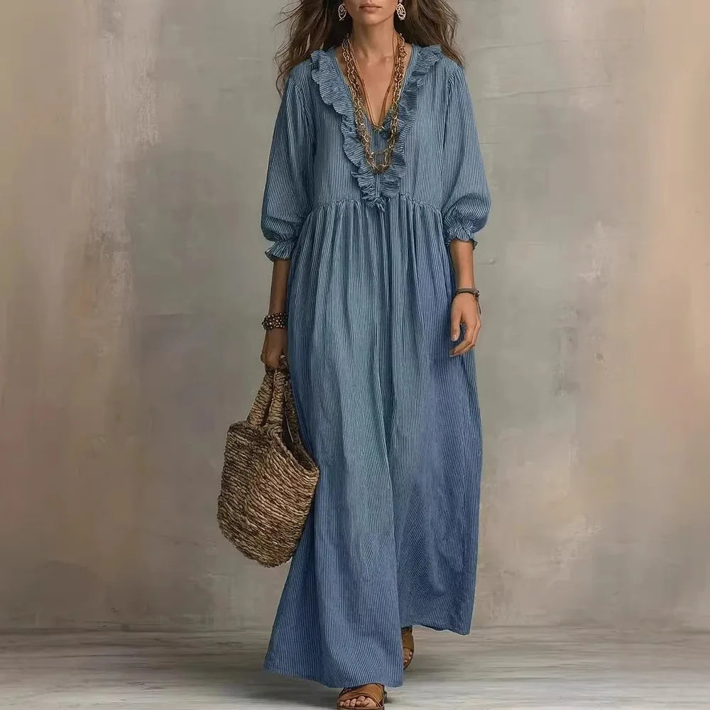 Women's Ruffle V Neck Long Sleeve Striped Maxi Dress Loose High Waist Casual Bohemian Summer Beach Vacation Dress - Seldom Seen Styles