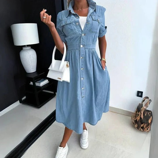 Women's Sky Blue Denim Shirt Dress Button-Down Collar Long Sleeve Belted Casual Midi Dress - Seldom Seen Styles