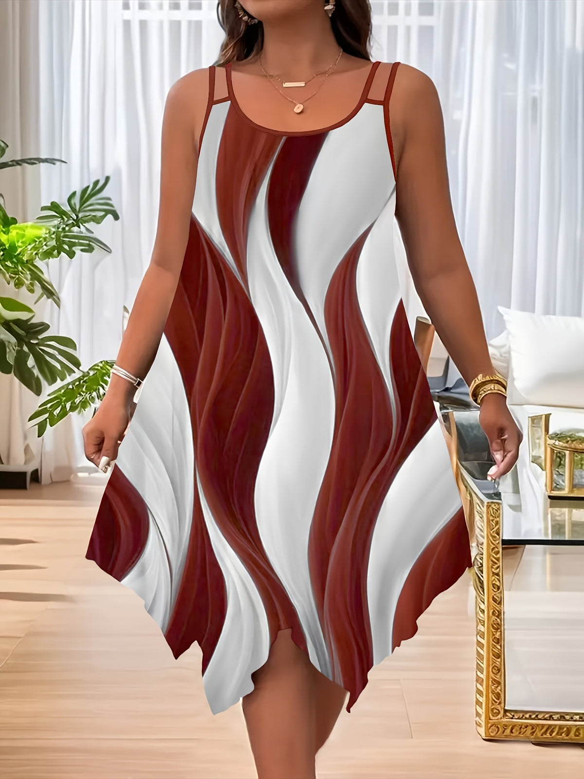 Women's Sleeveless Swing Dress Abstract Print Casual Summer Midi Dress - Seldom Seen Styles