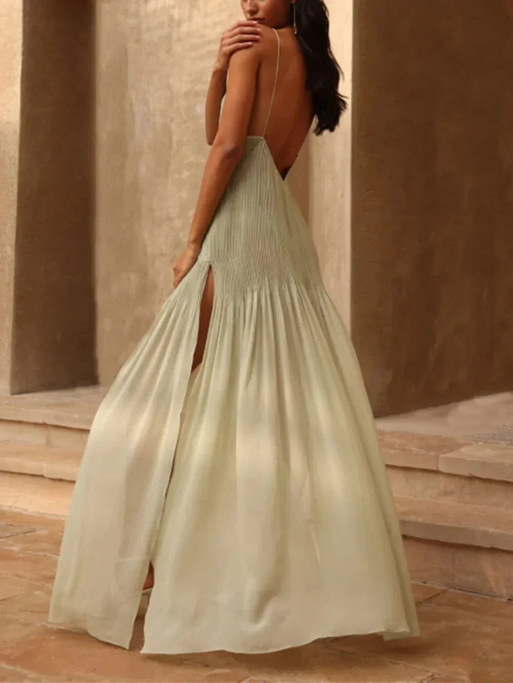 Women's Sleeveless V-Neck Smocked Tiered Maxi Dress - Side Slit - Seldom Seen Styles