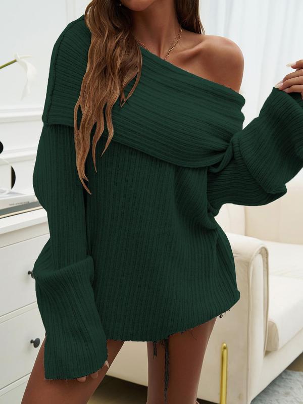 Women's Solid Off Shoulder Drop Shoulder Sweater, Elegant Fashion Casual Long Sleeve Knitting Jumper for Daily Outdoor Wear, Women Knitwear for Fall & Winter - Seldom Seen Styles