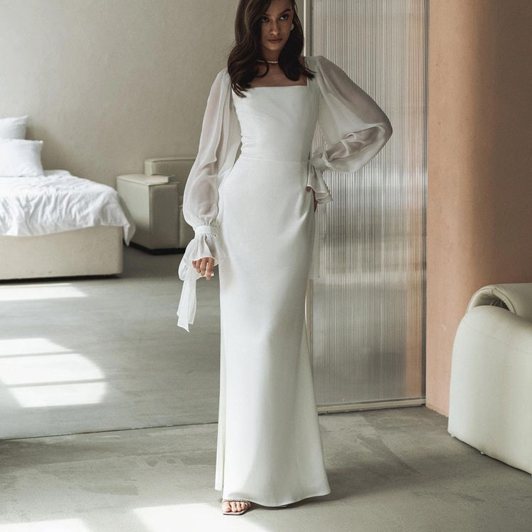 Women's Square Neck Chiffon Puff Sleeve Tie Cuff Maxi Dress - Seldom Seen Styles