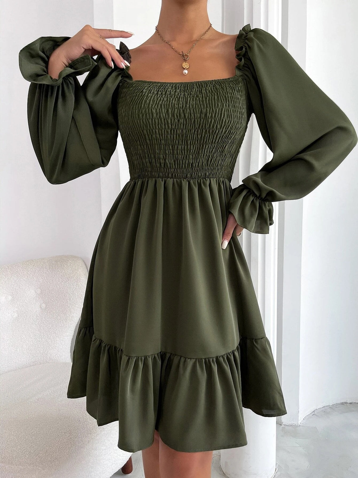 Women's Square Neck Smocked Mini Dress Long Sleeve Ruffle Hem Babydoll Dress Casual Fall Dress - Seldom Seen Styles