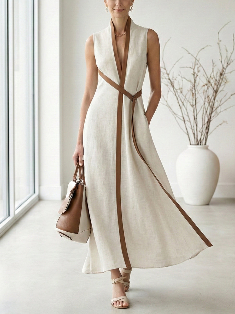 Women's Stand-up Collar Sleeveless Casual Loose Cotton And Linen Dress - Seldom Seen Styles