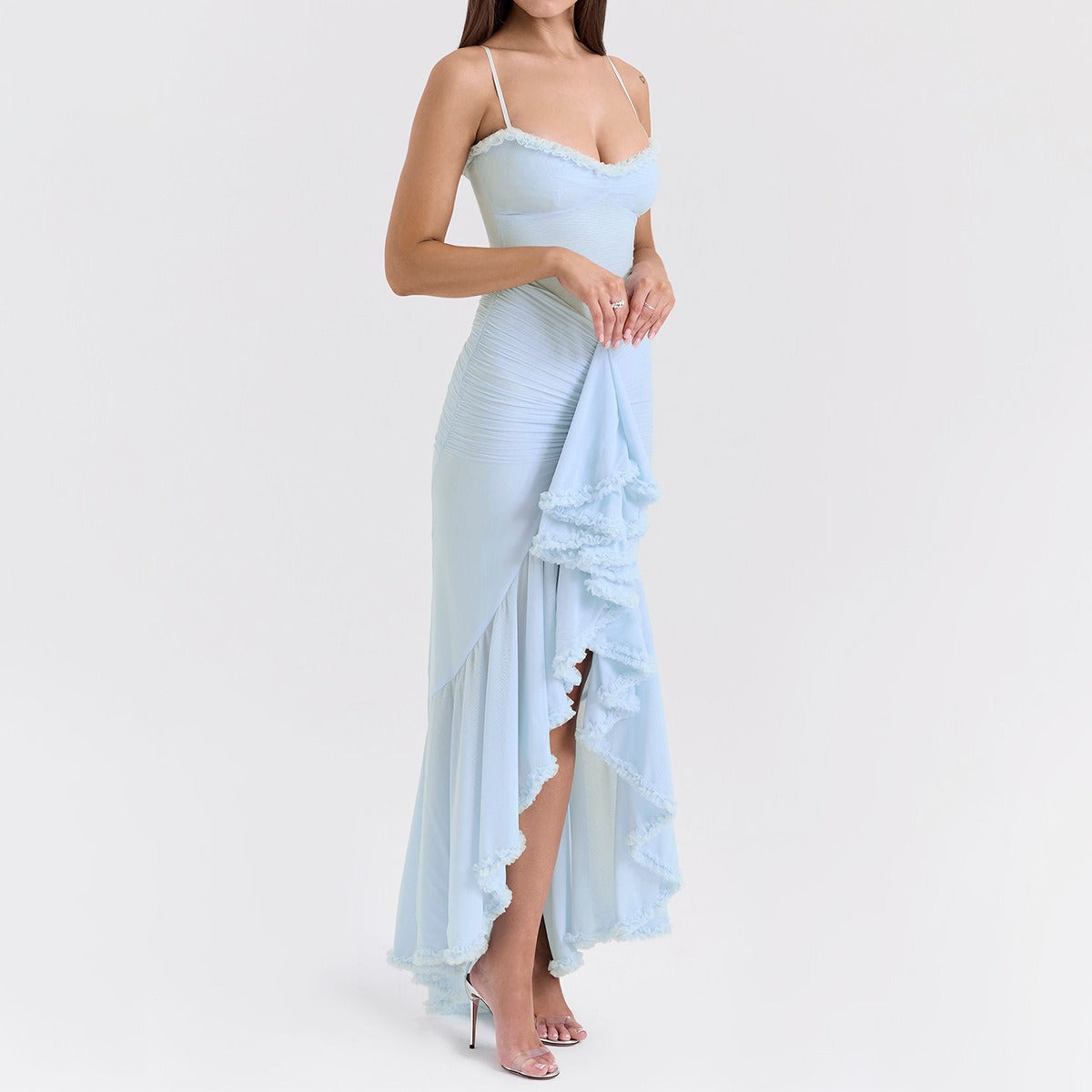 Women's Strapless Ruffle Maxi Dress Ruched Bodycon High Split Elegant Evening Dress - Seldom Seen Styles