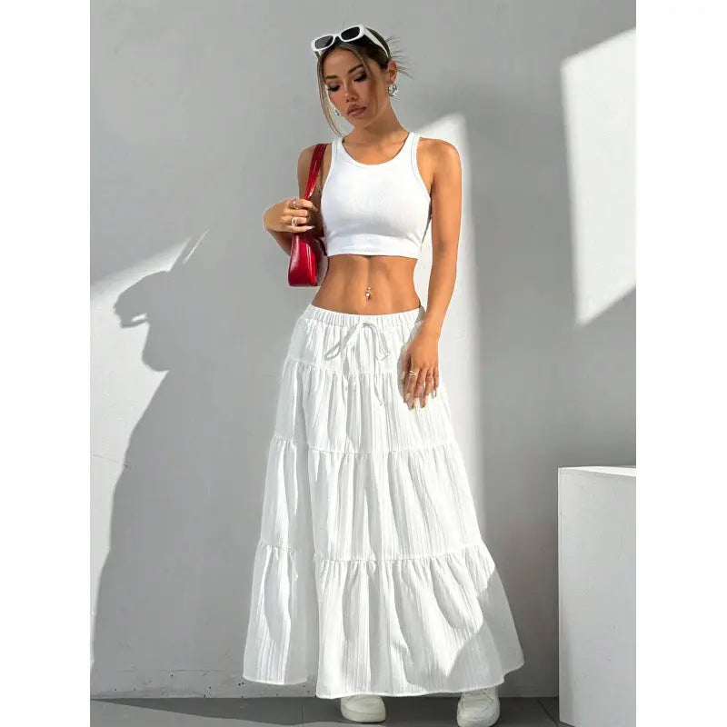 Women's Tiered Maxi Skirt - Elastic Waist - Drawstring Tie - Seldom Seen Styles
