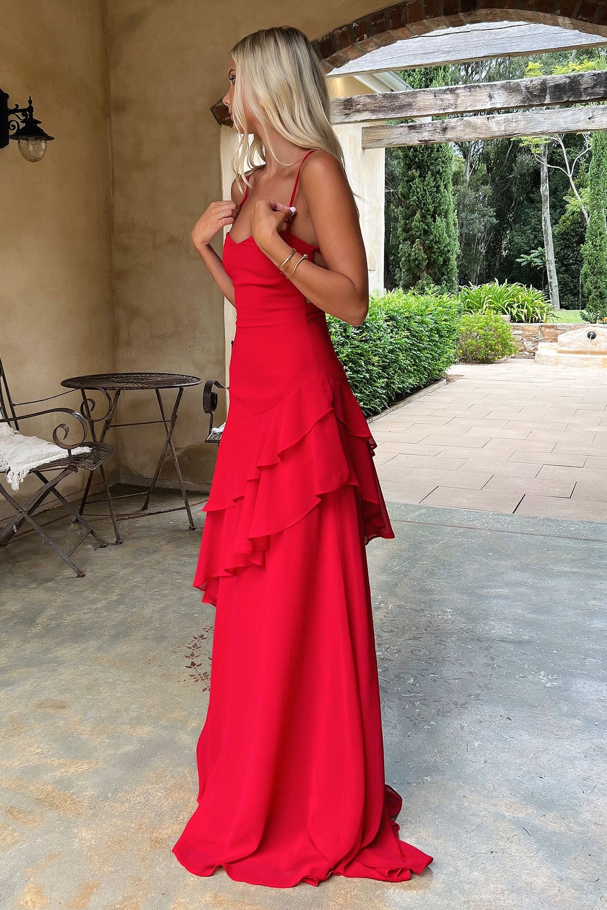 Women's Tiered Ruffle Maxi Dress Sweetheart Neckline Spaghetti Strap Lace Up Back Formal Wedding Guest Summer Evening Dress Red - Seldom Seen Styles
