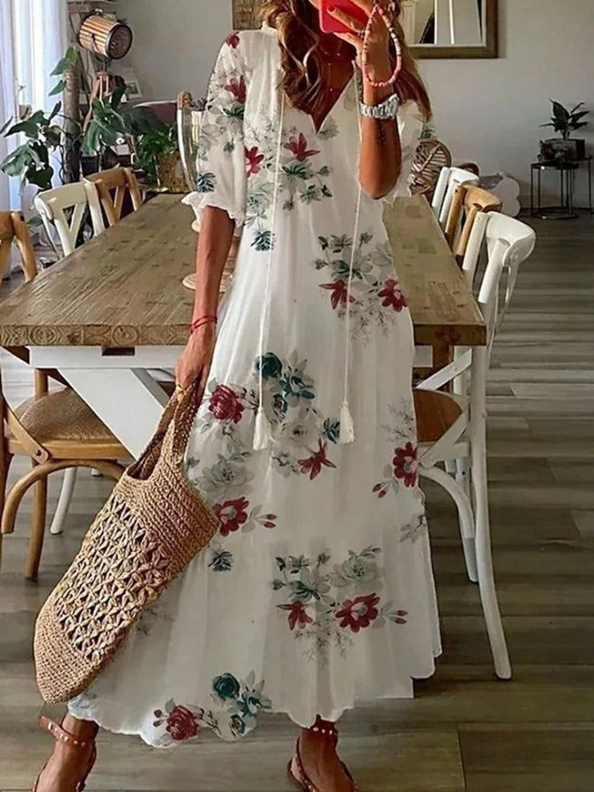 Women's V-Neck Floral Print Bohemian Maxi Dress Flowy Summer Beach Vacation Dress - Seldom Seen Styles