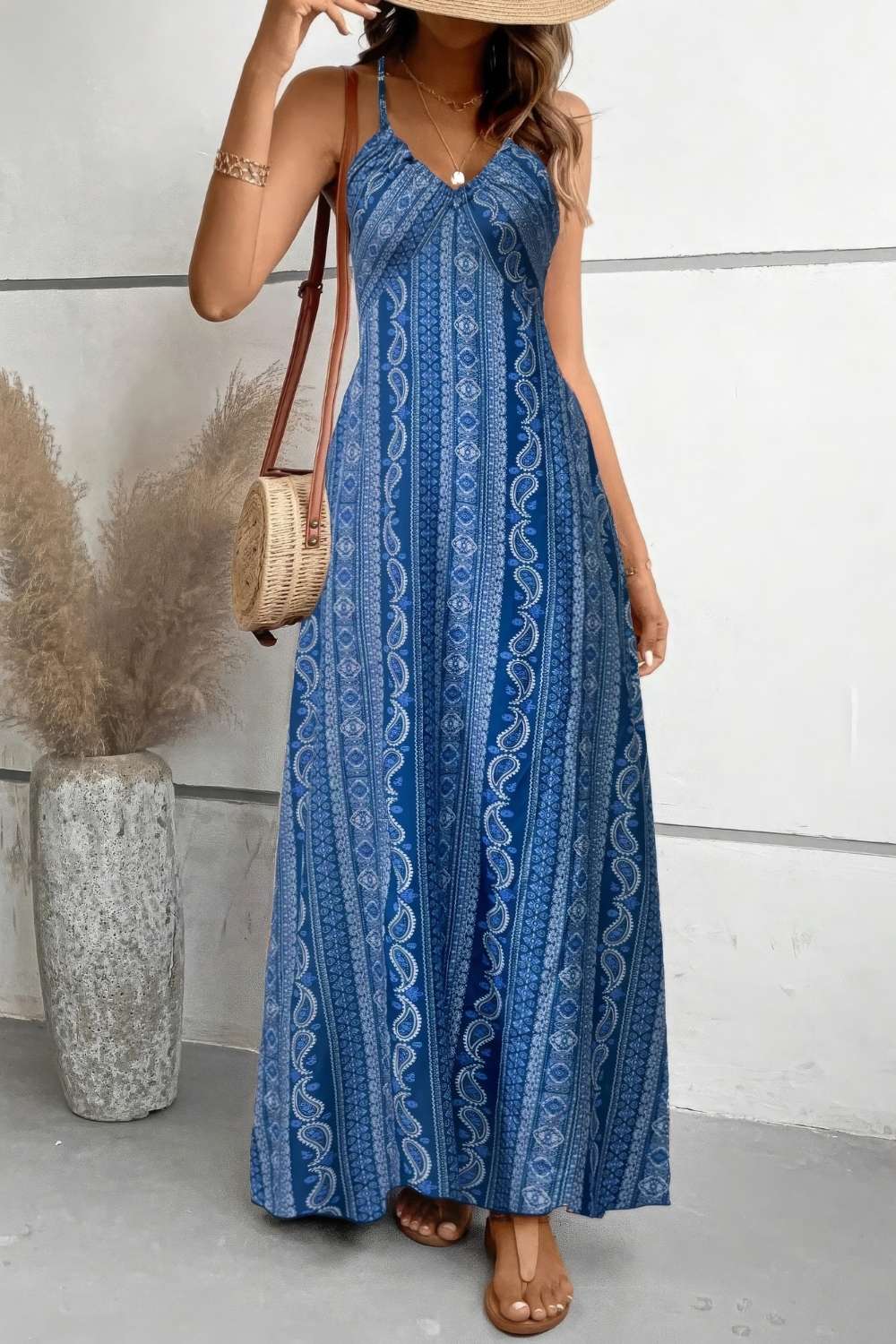 Women's V Neck Spaghetti Strap Paisley Maxi Dress Boho Flowy Summer Beach Vacation Dress - Seldom Seen Styles