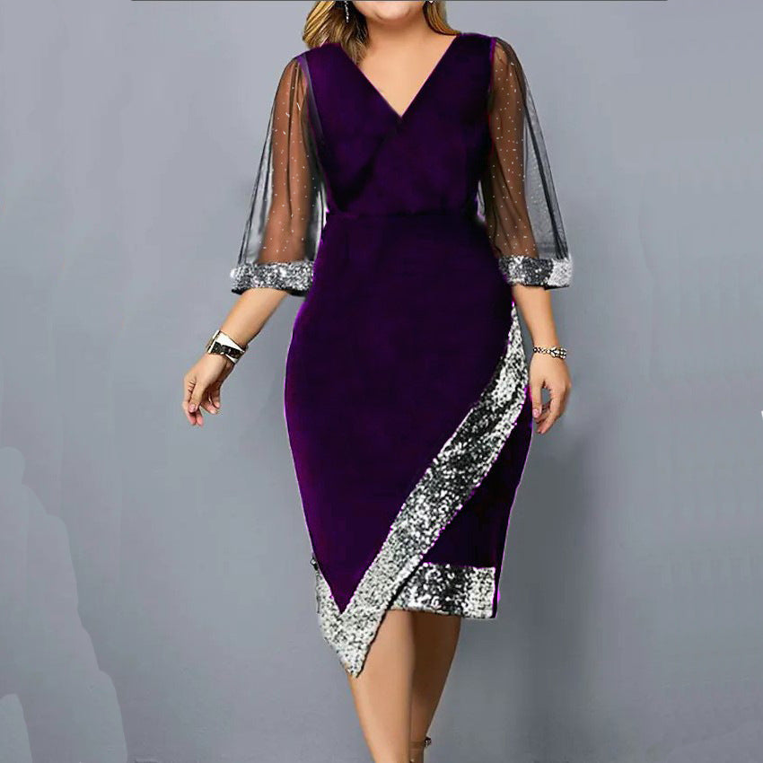 Women's Velvet Sequin Midi Dress Sheer Mesh Sleeve Elegant Party Dress - Seldom Seen Styles