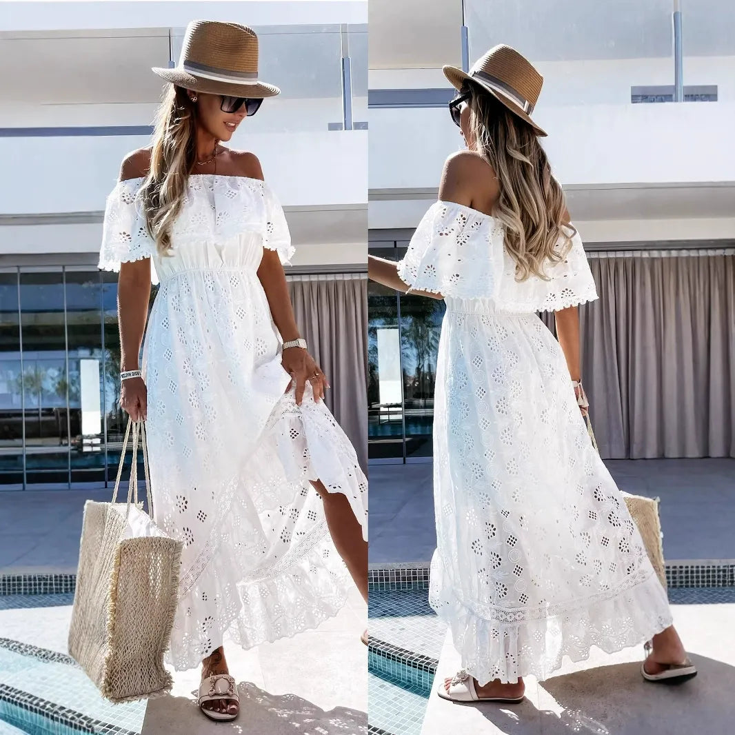 Women's White Lace Maxi Dress Off Shoulder Boho Summer Dress - Seldom Seen Styles