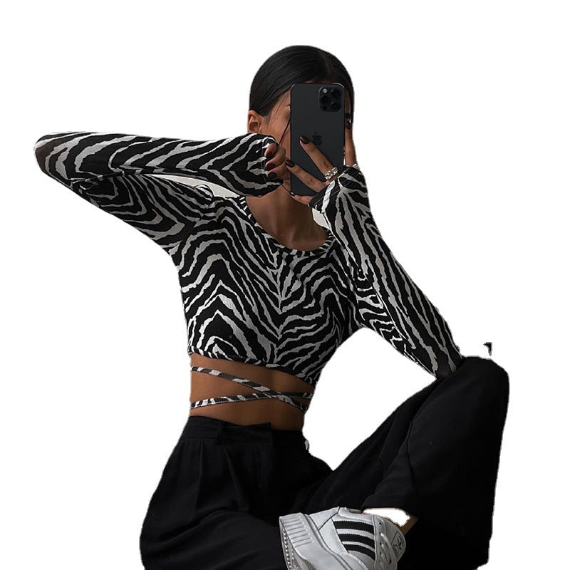 Women's new casual crop top with a strappy zebra pattern for autumn - Seldom Seen Styles
