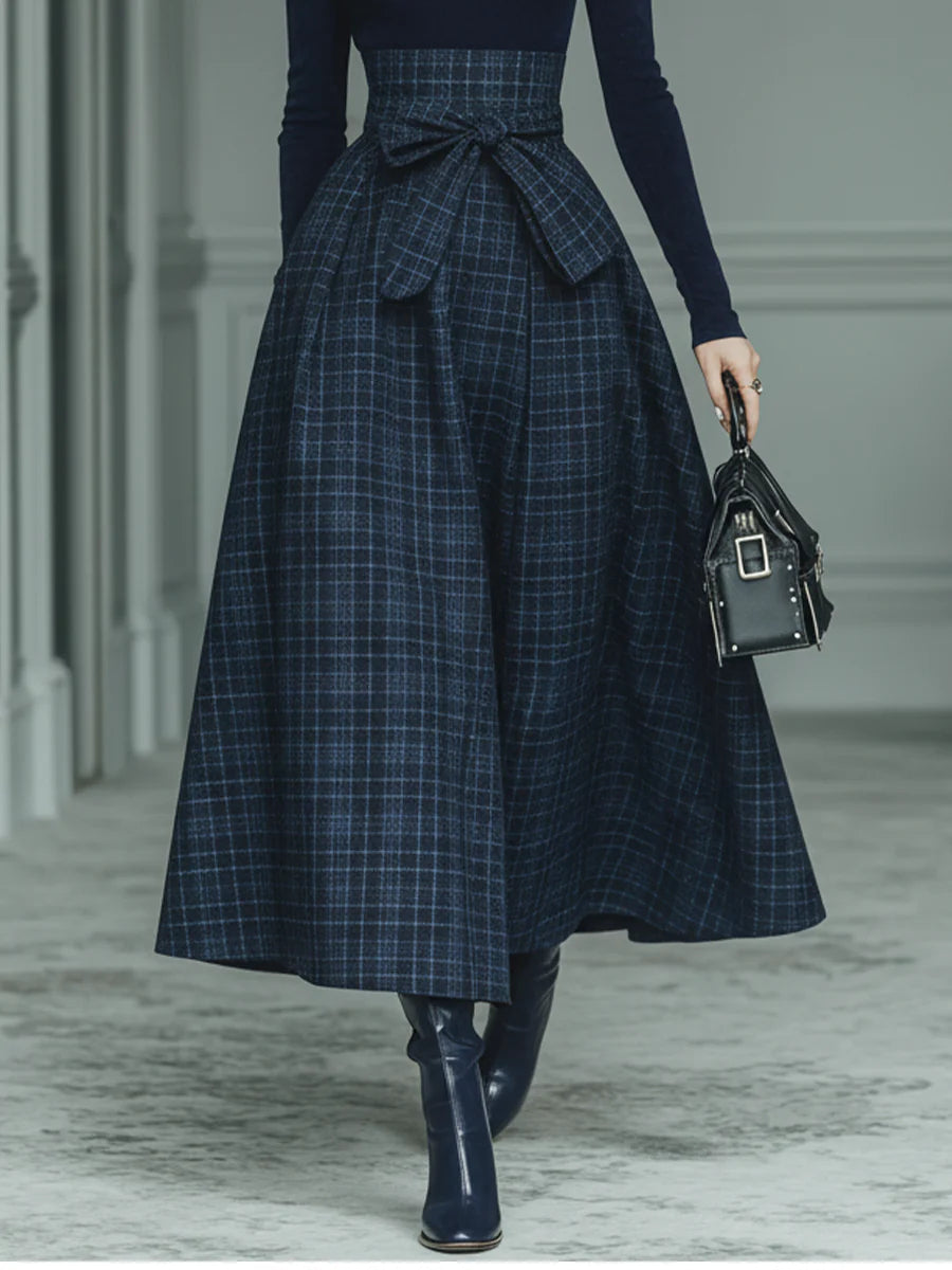 Turtleneck Knit Top & Plaid Skirt Set – Dark Blue (XS–2XL) - Seldom Seen Styles