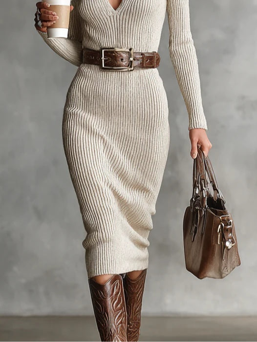 Slim Fit Half Turtleneck V-Neck Long Sleeve Knitted Belted Midi Dress(with belt)