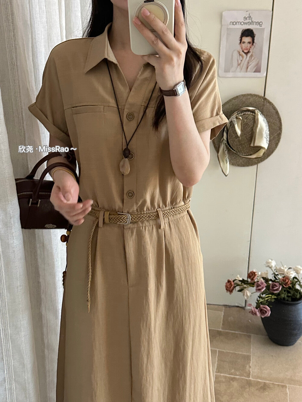 French Style Collared Short Sleeve Shirt Dress A-Line Midi Dress with Woven Belt Included White Black Khaki - Seldom Seen Styles
