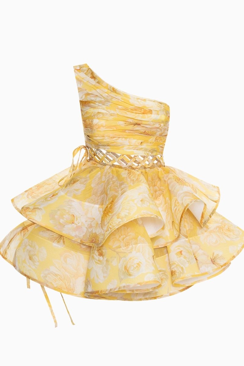 Women's Floral One Shoulder Mini Dress Ruffle Chiffon Party Dress