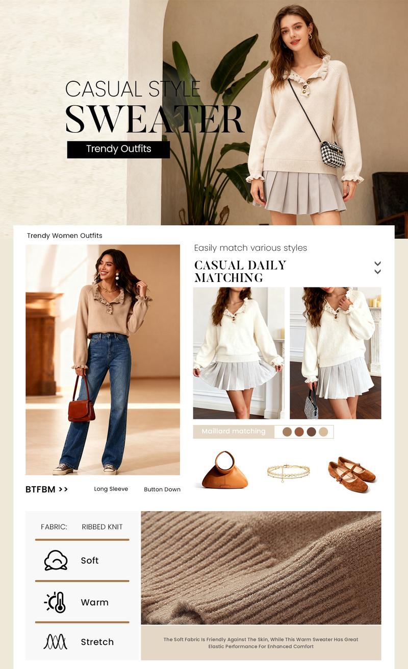 Women's Knit Pullover Sweater Tops - Casual Long Sleeve Button Down Crew Neck Ruffle Solid Color Striped - Knitwear, Womenswear - Seldom Seen Styles