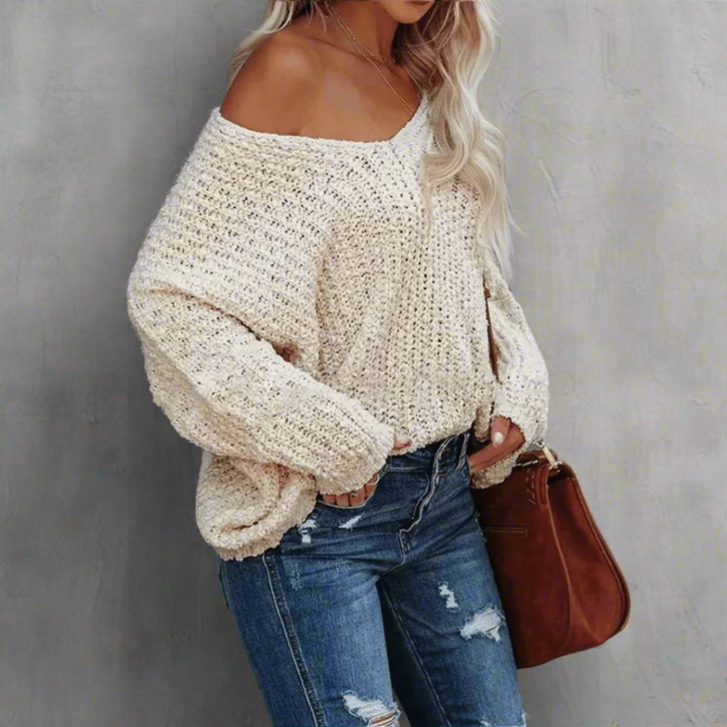 Boho Off Shoulder Knit V‑Neck Sweater - Seldom Seen Styles